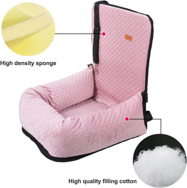 Washable Dog Car Seat for Medium & Small Dog, Pet Booster Seat Bed with Safety Seat Belt Leash for Puppy Cat Travel, Velvet & Soft Filling (Pink) - Image 7