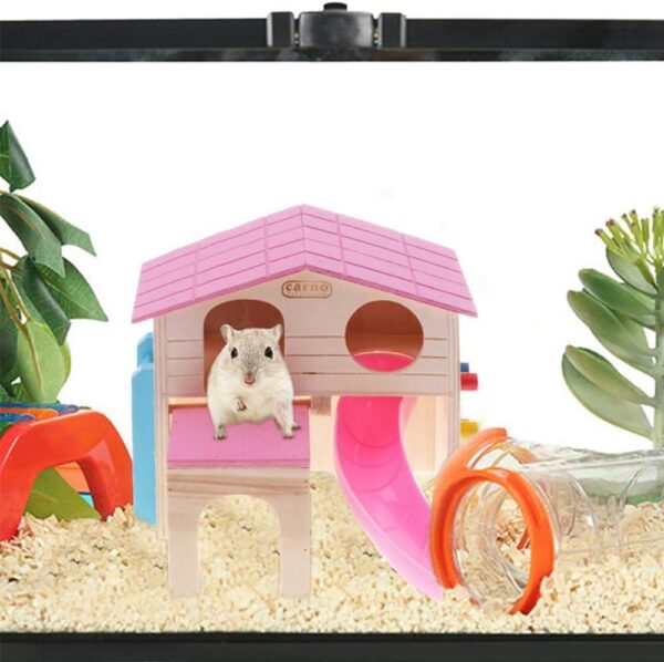 PINVNBY Wooden Hamster House Small Animal Hideout Climbing Ladder Slide Hut Play Toys for Chipmunk Mouse Rat Hedgehog (Pink) - Image 4