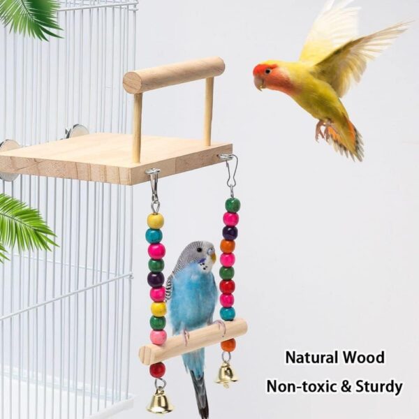 Bird Platform Stand Wooden,Parrot Perches,Wood Bird Cage Toys with Swing Bell,Flat Perch Chewing Toy for Budgie,Green Cheeks,Baby Lovebird,Chinchilla,Play Gyms Exercise - Image 5