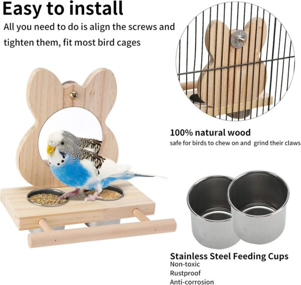 TeTupGa Bird Perch with Mirror and Stainless Steel Feeding Cups,Wooden Parrot Mirror Toy for Bird Cage, Bird Food water Feeder Perches for Budgie Parakeet Lovebird African Grey Macaw Cockatiels - Image 6