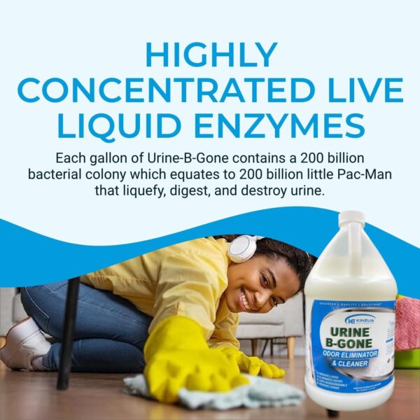 KINZUA ENVIRONMENTAL Urine B-Gone, Professional Enzyme Odor Eliminator & Pet Stain Remover, Human, Cat & Dog Urine Cleaner, Effective on Laundry, Carpets & More (3.79Liter (Pack of 1), Original) - Image 6