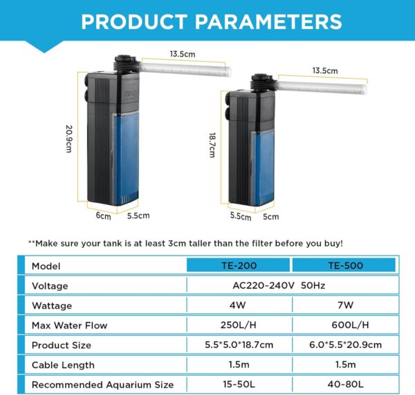 Weipro Internal Fish Tank Filter, 4W Adjustable Water Flow Submersible Aquarium Filter Pump for 15l ~ 40l Tropical Fish Tank, Include Spray Bar and Venturi to Add Oxygen, TE-200(250L/H) - Image 4