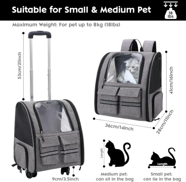 Pet Trolley Backpack,Pet Carrier on Wheels,Multi-Function Pet Carrier with Adjustable Height and Airline Approved Pet Collapsible & Detachable Trolley,Breathable Pet Travel Carrier for Dogs Cats - Image 2