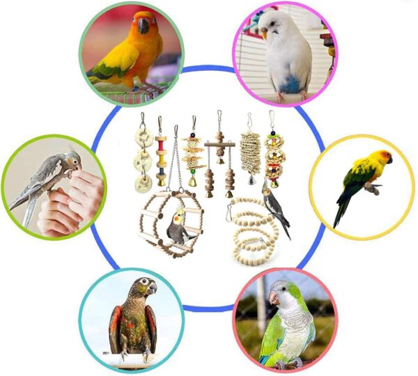 Chikanb 8 Pcs Bird Pet Cage Toys, Natural Wood Ladder Beaded Hanging Bell Swing Chewing Climbing for Love Bird, Australian Parrot, Parakeet, Cockatiel, Conure, Finches, Budgie, Macaw, Small Birds - Image 5