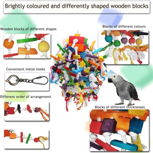 MQUPIN Large Parrot Toys Bird toys, Strong Chewing Quaker Parrot Toys,100% Natural Multicolored Wooden Blocks Parrot Cage Bite Toy for Large Medium Birds Macaws African Grey Parrot Toys(Colorful) - Image 4