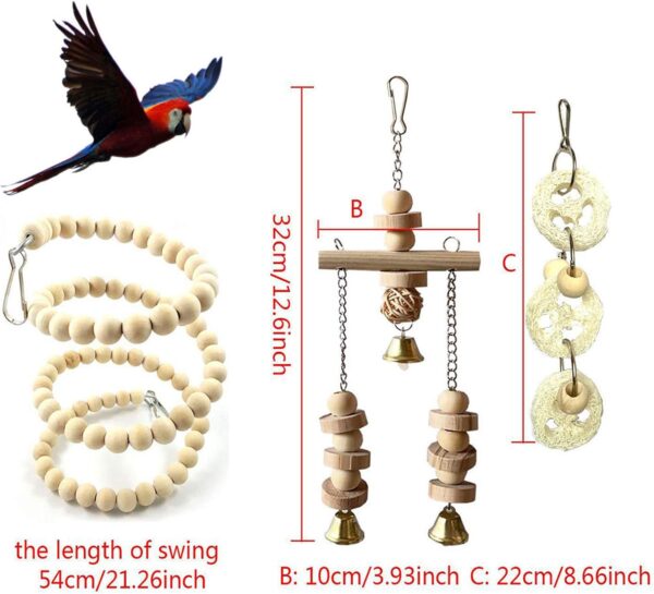 Chikanb 8 Pcs Bird Pet Cage Toys, Natural Wood Ladder Beaded Hanging Bell Swing Chewing Climbing for Love Bird, Australian Parrot, Parakeet, Cockatiel, Conure, Finches, Budgie, Macaw, Small Birds - Image 3