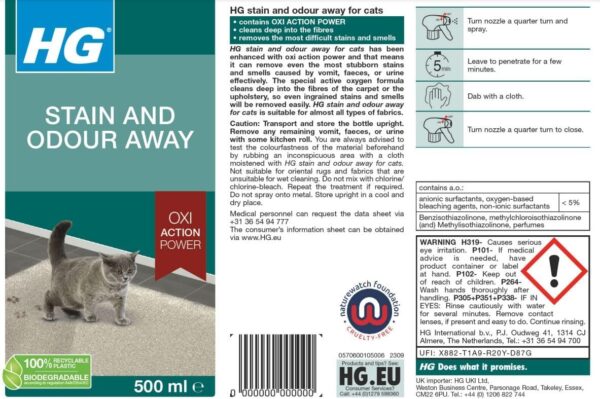 HG Cat Stain Remover & Pet Odour Remover Spray, Animal Fabric & Carpet Stain Removal, Neutralises Cat Urine & Other Bad Smells, Pet Friendly Oxi Action Deodorizer & Freshener Spray - 500ml - Image 2