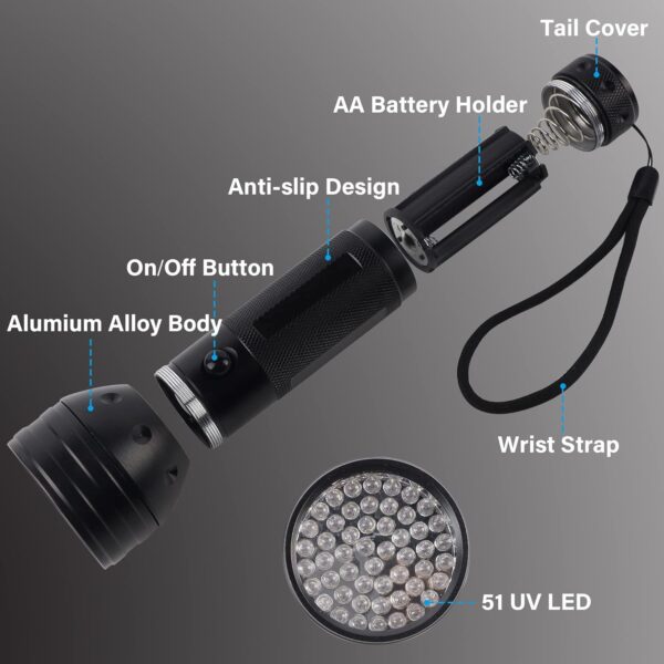 Liooty UV Flashlight Black Light, 51 LED Blacklight Pet Urine Detector for Dog/Cat Urine, Dry Stains, Bed Bug, Matching with Pet Odor Eliminator - Image 3