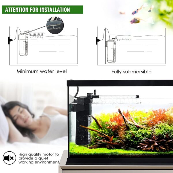 AQQA Internal Fish Tank Filter, 3 in 1 Submersible Aquarium Filter Pump with Adjustable Water Flow,Ultra Silent Biochemical Filtration Powerful Pump for 15-40L Aquariums(S) - Image 5