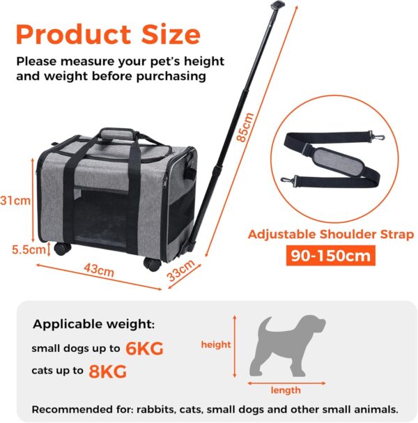 Babenest Dog Carrier with Detachable Wheels, Airline Approved Rolling Pet Carrier for Small Pets and Cats with Telescopic Handle and Shoulder Strap Car Travel Camping Park Pet Hospital (Grey) - Image 3