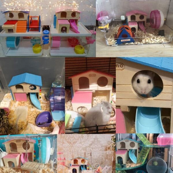 PINVNBY Wooden Hamster House Small Animal Hideout Climbing Ladder Slide Hut Play Toys for Chipmunk Mouse Rat Hedgehog (Pink) - Image 5