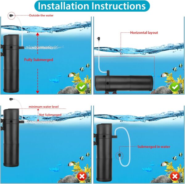 ITIY Aquarium Internal Filter for 50-200L Tanks, Adjustable 12W 800L/H Fish Tank Filter with Dual Water Outlet & Aeration - Image 6