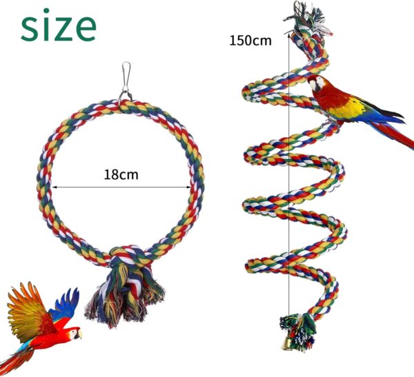 Aedcbaide Bird Parrots Toys, 2 Pack Parakeet Parrot Swing Chewing Hanging Toys with Bell, 59inch Bird Cotton Rope and 7Inch Diameter Bird Hanging Swing for Budgie, Cockatiels, Conures, Finches - Image 2