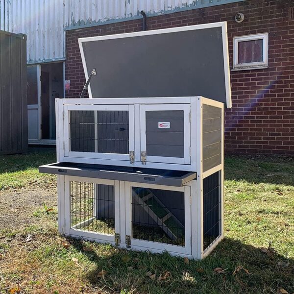 BUNNY BUSINESS 36" 2-Tier Double Decker Rabbit/Guinea Pig Hutch with Sliding Tray (GREY) - Image 3
