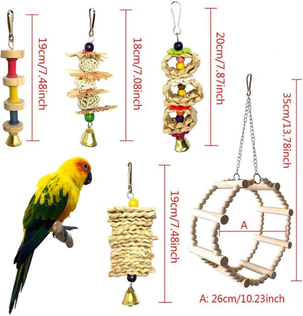 Chikanb 8 Pcs Bird Pet Cage Toys, Natural Wood Ladder Beaded Hanging Bell Swing Chewing Climbing for Love Bird, Australian Parrot, Parakeet, Cockatiel, Conure, Finches, Budgie, Macaw, Small Birds - Image 2