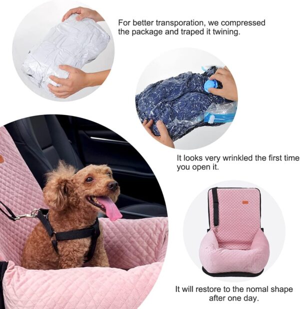 Washable Dog Car Seat for Medium & Small Dog, Pet Booster Seat Bed with Safety Seat Belt Leash for Puppy Cat Travel, Velvet & Soft Filling (Pink) - Image 4