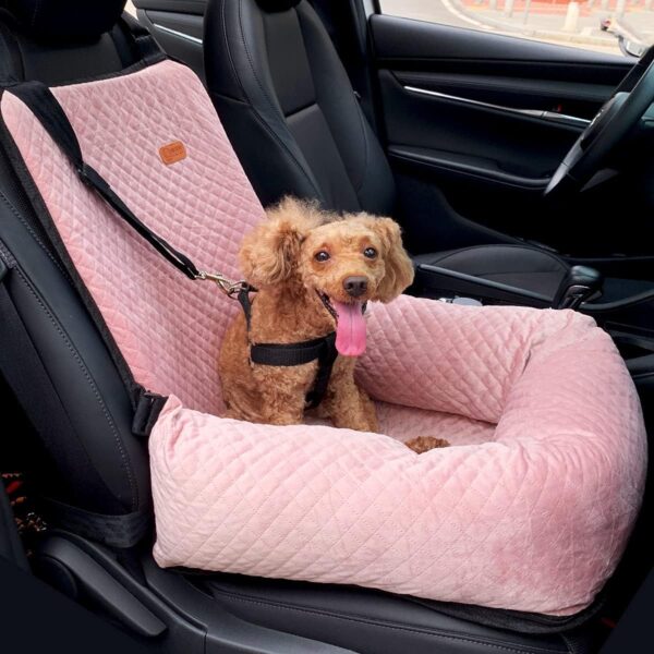 Washable Dog Car Seat for Medium & Small Dog, Pet Booster Seat Bed with Safety Seat Belt Leash for Puppy Cat Travel, Velvet & Soft Filling (Pink) - Image 8