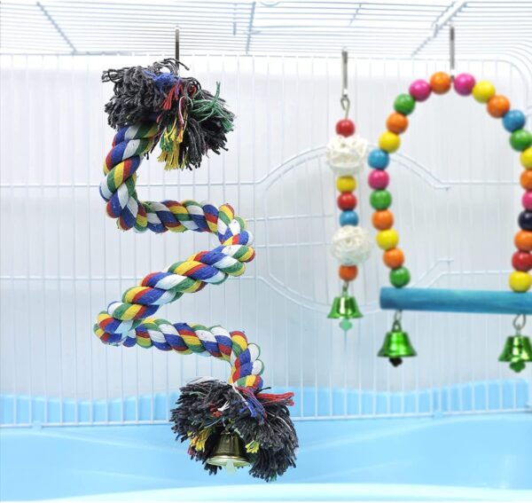 Bessy shop Bird Rope Perches, Parrot Climbing Rope Colorful Climbing Rope Swing Toys with Bell and Hanging Clip Bird Rope Bungee Toy for Birds Budgies Parakeets - Image 6