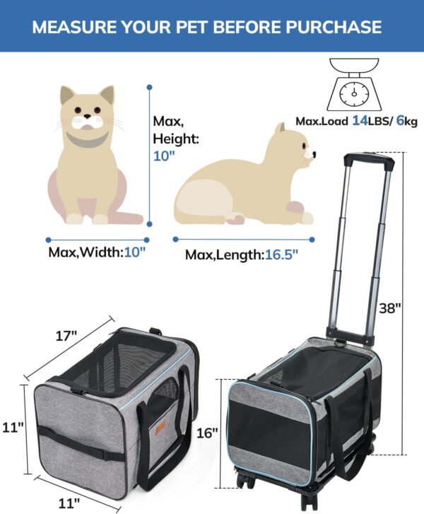 Morpilot Cat Carrier with Wheels Airline Approved, Pet Dog Carrier with Wheels for Small Dogs, Rolling Cat Carrier for Large Cats Puppy Stroller Detachable and Foldable Pet Travel Bag Dark Gray - Image 4