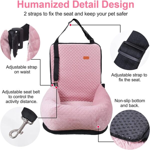 Washable Dog Car Seat for Medium & Small Dog, Pet Booster Seat Bed with Safety Seat Belt Leash for Puppy Cat Travel, Velvet & Soft Filling (Pink) - Image 5