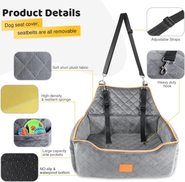 GL GLENSLAVE Dog Car Seat for Large/Medium Dog, Dog Booster Seat for Dogs Under 55Lbs or 2 Small Dogs, Detachable and Washable Travel Dog Seat with Thick Cushion and Storage Pockets (Grey) - Image 4