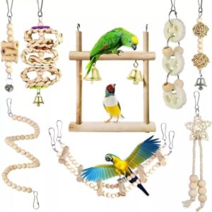 8 Pcs Bird Budgie Parakeet Toys Peking Bell Hammock SwingToy Wooden Bridge Perch Chewing Toy for Love Birds Cockatiel budgie canary