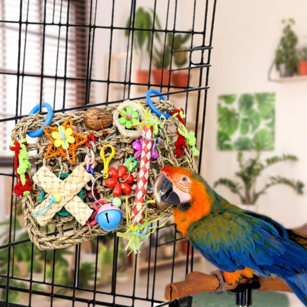 Parrot Toys BudgieToys and Accessories, Bird Toys Foraging Wall with Various Colorful Cockatiel Chewing Toys, Edible Seagrass Woven Climbing Hammock Mat for African Grey Parakeets Conures Lovebirds - Image 4