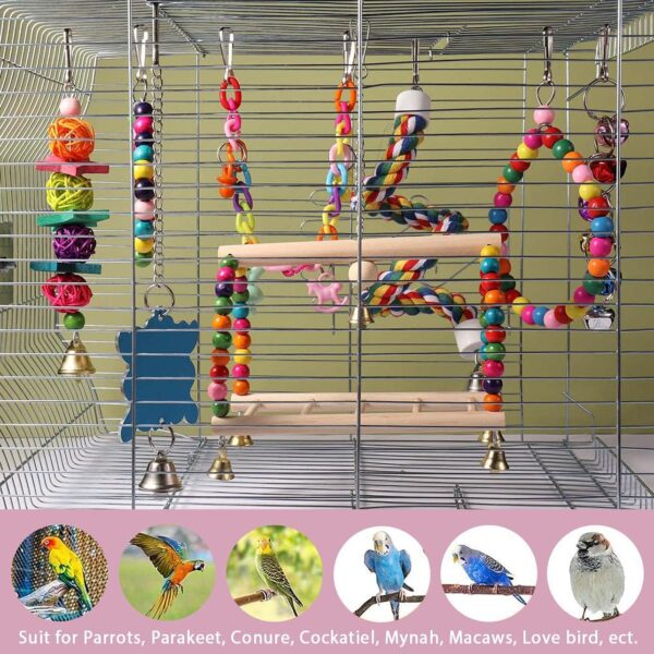 Bird Parrot Toys, Hanging Bell Bird Cage Swing Toy, Wooden Perch Chewing Toys for Small Parakeets, Cockatiels, Conures, Budgie, Lovebirds, Macaws (8Pcs Brid Toys) - Image 7