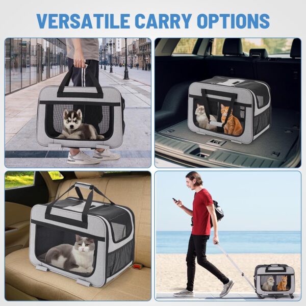 FASNATI Extra Large Double-Compartment Pet Carrier with Detachable Wheels for Cat/Dog, Foldable Rolling Carrier for 2 Cats, Pet Cat Travel Carrier for Walking/Camping, Grey - Image 6