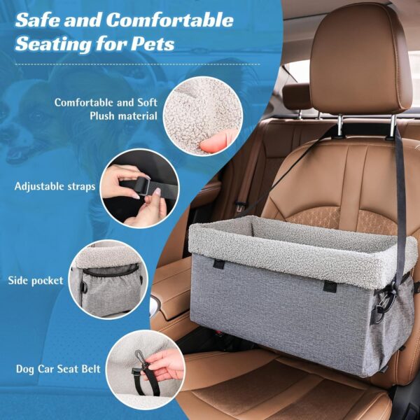 Hoofun Dog Car Seat for Small Dogs,Detachable Washable Dog Booster Seat Under 15lbs, Soft Plush Extra Stable Pet Car Seat Travel Bed with Metal Frame, Storage Pockets and Puppy Safety Belt(S Size) - Image 4