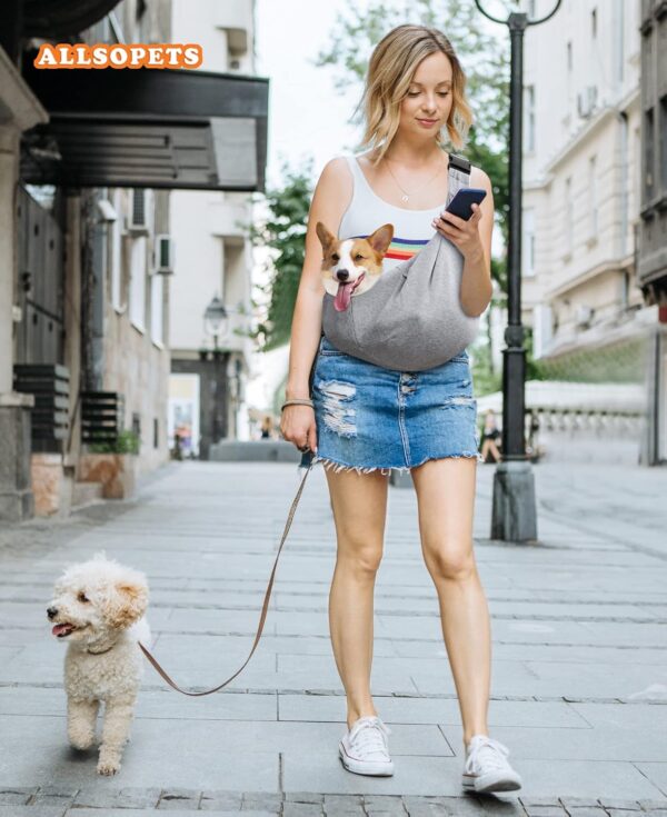 ALLSOPETS Pet Carrier Bag Dog Carrier Sling Reversible Puppy Carrier Purse with Storage Pocket Hand-Free Pet Sling Carrier for Carry Small Dogs Cats Suitable for Travel Outdoor (Light Grey) - Image 2
