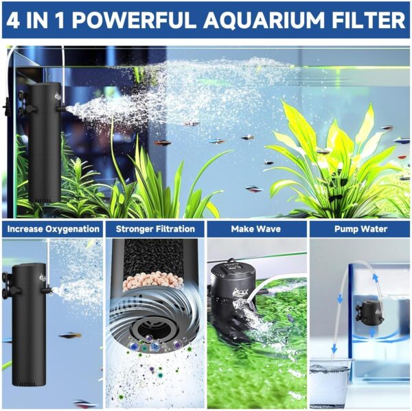 AQQA Internal Fish Tank Filter,8W Submersible Aquarium Filter Pump with Adjustable Water Flow,2 Water Outlet Aquarium Filter,750L/H Water Pump for 60-220L Fish Tank - Image 2