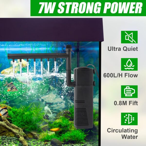 Rinwywey Fish Tank Filter, Internal Aquarium Filter with 600L/H, 7W Silent Fish Tank Filter Pump Fountain Water Pump and Oxygen Supply for Small Tank Up, Aquariums - Image 5