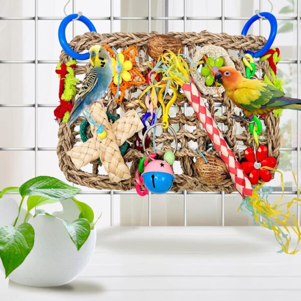 Parrot Toys BudgieToys and Accessories, Bird Toys Foraging Wall with Various Colorful Cockatiel Chewing Toys, Edible Seagrass Woven Climbing Hammock Mat for African Grey Parakeets Conures Lovebirds - Image 7