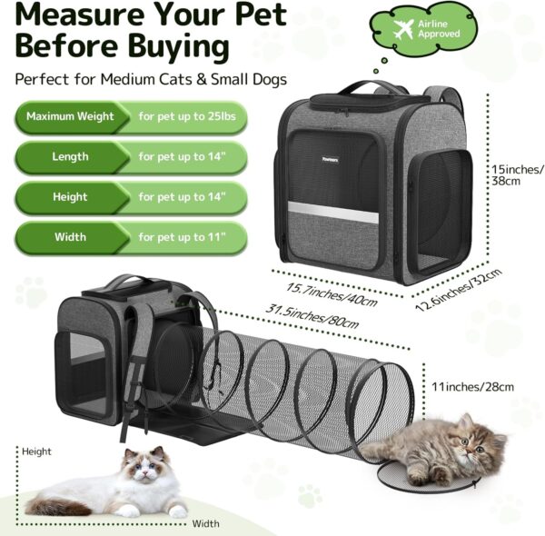 Pawtners Cat Carrier Backpacks with Expandable Cat Play Tunnel, Airline Approved Pet Backpack for Small Dogs & Large Cats Up to 25 Lbs, Foldable Cat Travel Carrier for Vet Hiking Camping-Grey - Image 4