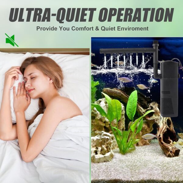 Rinwywey Fish Tank Filter, Internal Aquarium Filter with 600L/H, 7W Silent Fish Tank Filter Pump Fountain Water Pump and Oxygen Supply for Small Tank Up, Aquariums - Image 2
