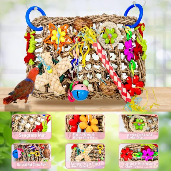 Parrot Toys BudgieToys and Accessories, Bird Toys Foraging Wall with Various Colorful Cockatiel Chewing Toys, Edible Seagrass Woven Climbing Hammock Mat for African Grey Parakeets Conures Lovebirds - Image 2