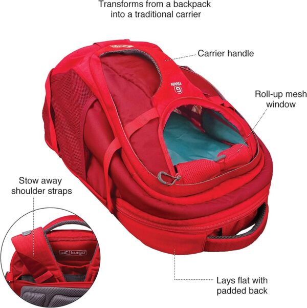 Kurgo G-Train Pack, Carrier Backpack for Small Dogs and Cats, Ideal for Hiking or Travel, Waterproof Bottom, Chili Red - Image 2