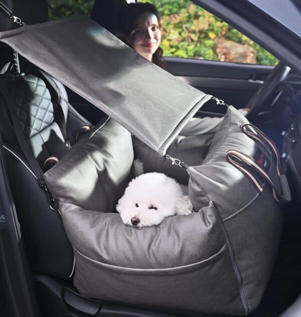 Dog Booster Seat with a Sun Shade Made of Strong Faux-Leather Fluffy Cushions Make a Great Resting Place for Your pet (Medium, Gray) - Image 3