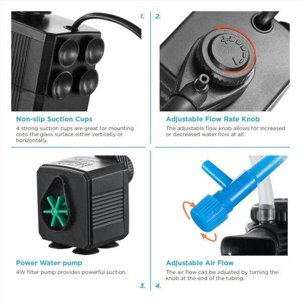 Weipro Internal Fish Tank Filter, 4W Adjustable Water Flow Submersible Aquarium Filter Pump for 15l ~ 40l Tropical Fish Tank, Include Spray Bar and Venturi to Add Oxygen, TE-200(250L/H) - Image 5