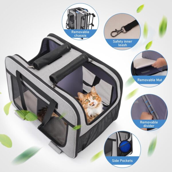 FASNATI Extra Large Double-Compartment Pet Carrier with Detachable Wheels for Cat/Dog, Foldable Rolling Carrier for 2 Cats, Pet Cat Travel Carrier for Walking/Camping, Grey - Image 5