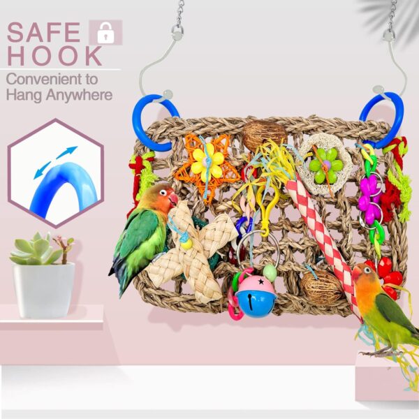 Parrot Toys BudgieToys and Accessories, Bird Toys Foraging Wall with Various Colorful Cockatiel Chewing Toys, Edible Seagrass Woven Climbing Hammock Mat for African Grey Parakeets Conures Lovebirds - Image 3