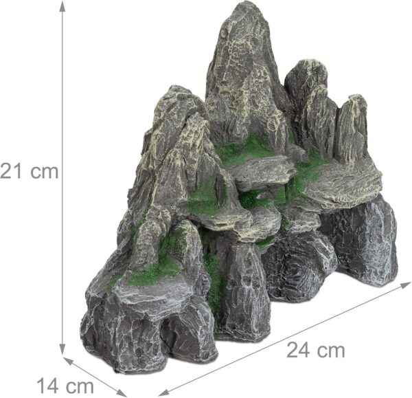Relaxdays Aquarium Decoration, Rock Formation, Natural Look Ornament, Resin Stone Cave, Fish Tank, 21 cm, Grey/Green, Polyresin, Gray, Pack of 1 - Image 4