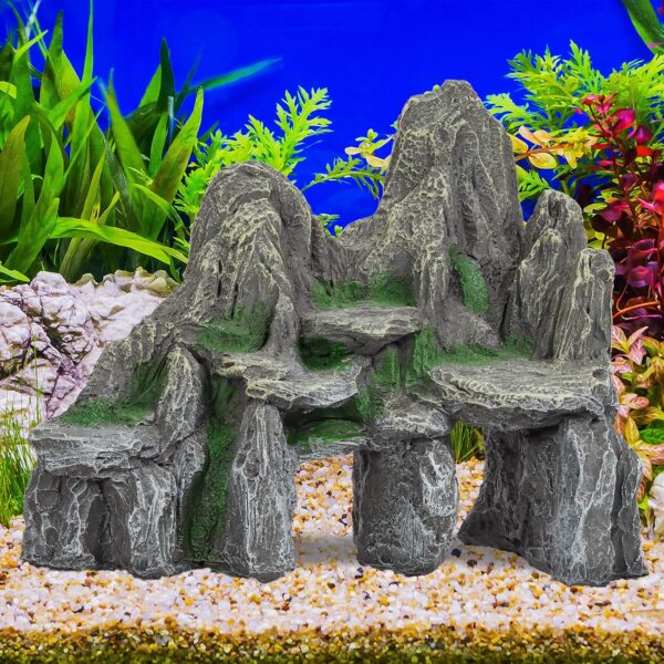 Relaxdays Aquarium Decoration, Rock Formation, Natural Look Ornament, Resin Stone Cave, Fish Tank, 21 cm, Grey/Green, Polyresin, Gray, Pack of 1 - Image 2