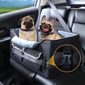 AMFIYQ Dog Car Seat for Medium Dogs or 2 Small Dogs, Dog Booster Seat for Front and Back Seats with 2 Safety Leashes&Adjustable Safety Strap, Portable Pet Car Seat Perfect for Pets Up to 50lbs (Black)