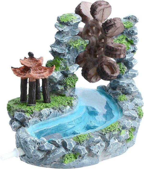 ANMOO Fish Tank Decorations, Resin Blue Aquarium Simulated Pond Ornament with Water Wheel Air Maker Aquarium Decoration for Betta/Goldfish/Fish Tank