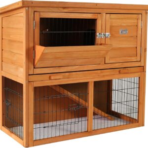 BUNNY BUSINESS 2-Tier Double Decker Rabbit/Guinea Pig Hutch with Sliding Tray & Hay Rack (Red)