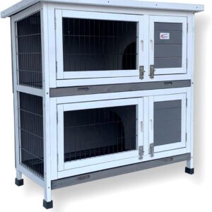 BUNNY BUSINESS Double Rabbit Hutch Guinea Pig Hutches with Sliding Tray, 36-inch (BB-36-DH-TR Grey), Grey and White