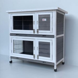 BUNNY BUSINESS Rabbit Guinea Pig Outdoor Hutch, Double Decker Rabbit Hutches on legs (Grey)