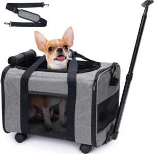 Babenest Dog Carrier with Detachable Wheels, Airline Approved Rolling Pet Carrier for Small Pets and Cats with Telescopic Handle and Shoulder Strap Car Travel Camping Park Pet Hospital (Grey)